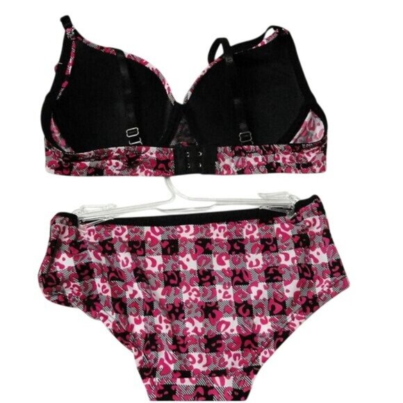 Inteco Intimates Size 34C 6 Medium Bra Panty Set Womens Pink Black Leopard Print - Picture 2 of 6